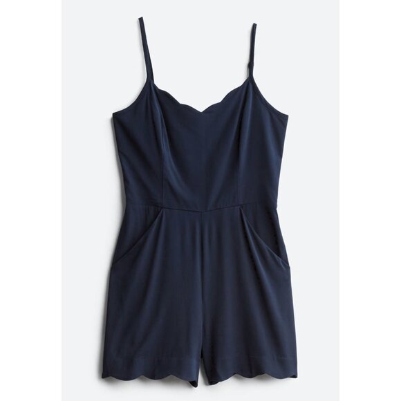 Market & Spruce Navy Scalloped Adjustable Strap Romper Back Cutout Pockets Small - Picture 1 of 9